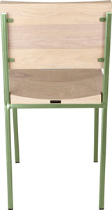 Sage green metal chair with whitewash stain ash wood made in UK - back view square frame