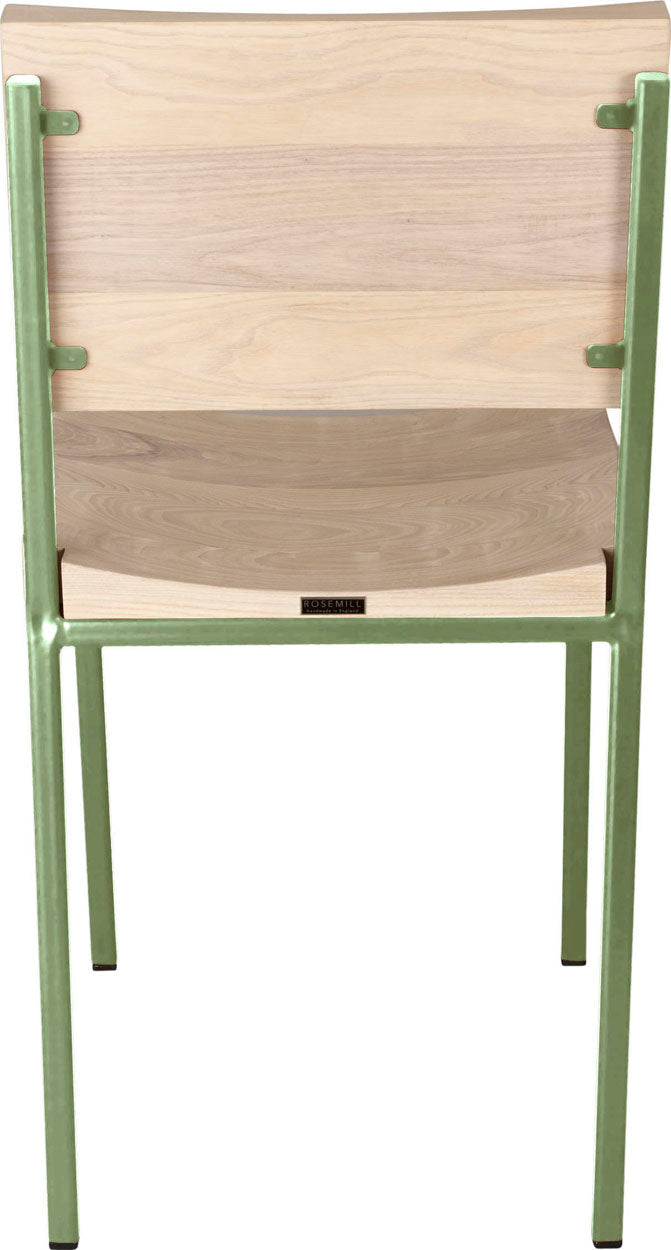 Sage green metal chair with whitewash stain ash wood made in UK - back view square frame