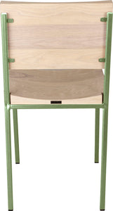 Sage green metal chair with whitewash stain ash wood made in UK - back view square frame