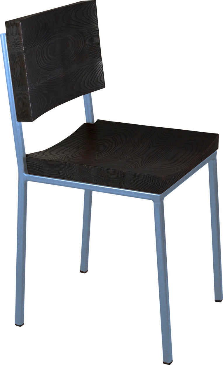 Shaker blue metal chair with black stain ash wood made in UK - angle view square frame
