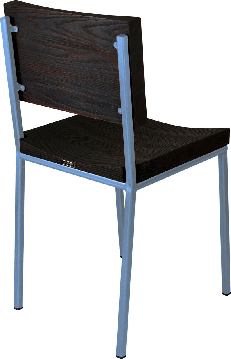 Shaker blue metal chair with black stain ash wood made in UK - back side view square frame