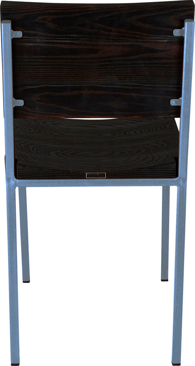 Shaker blue metal chair with black stain ash wood made in UK - back view square frame