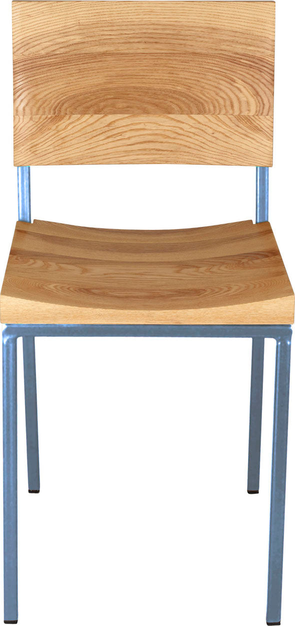 Shaker blue metal chair with natural stain ash wood made in UK - front view square frame