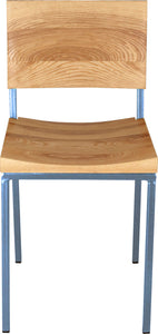 Shaker blue metal chair with natural stain ash wood made in UK - front view square frame