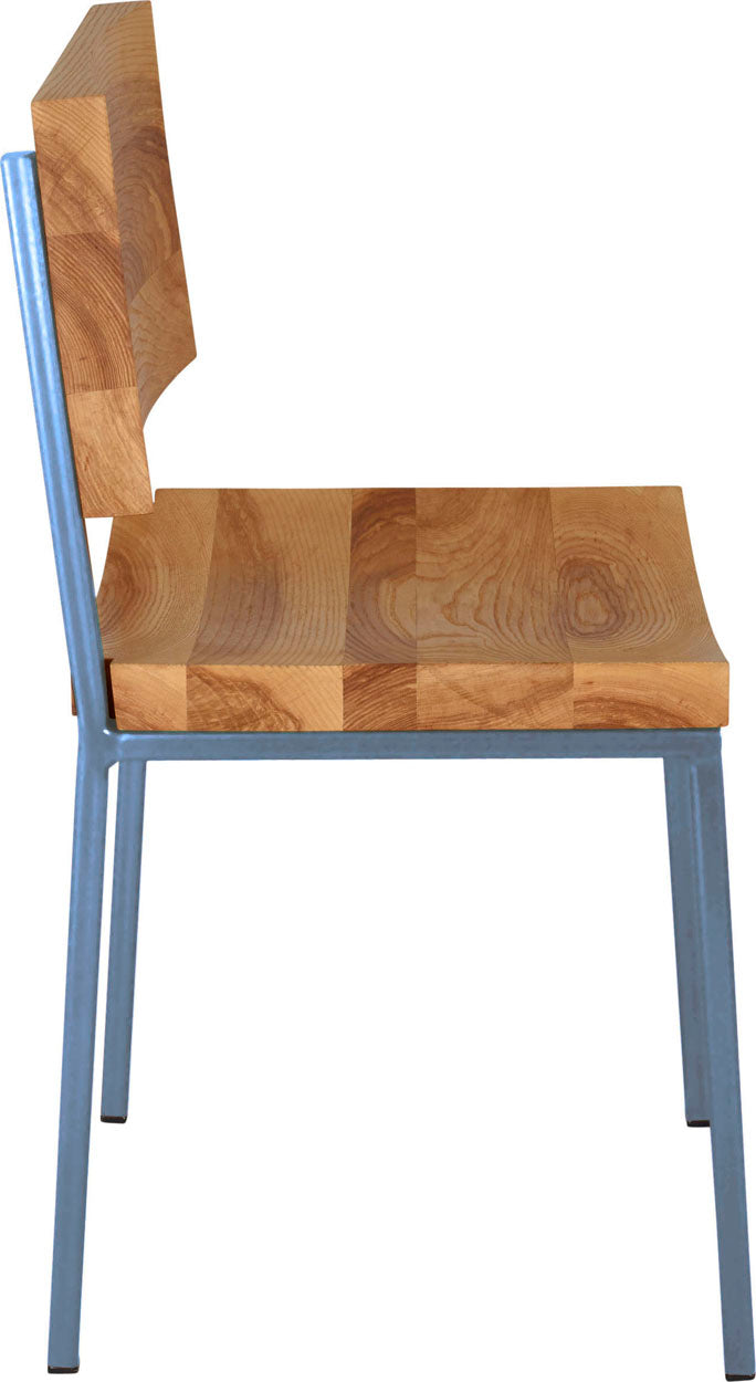 Shaker blue metal chair with natural stain ash wood made in UK - side view square frame