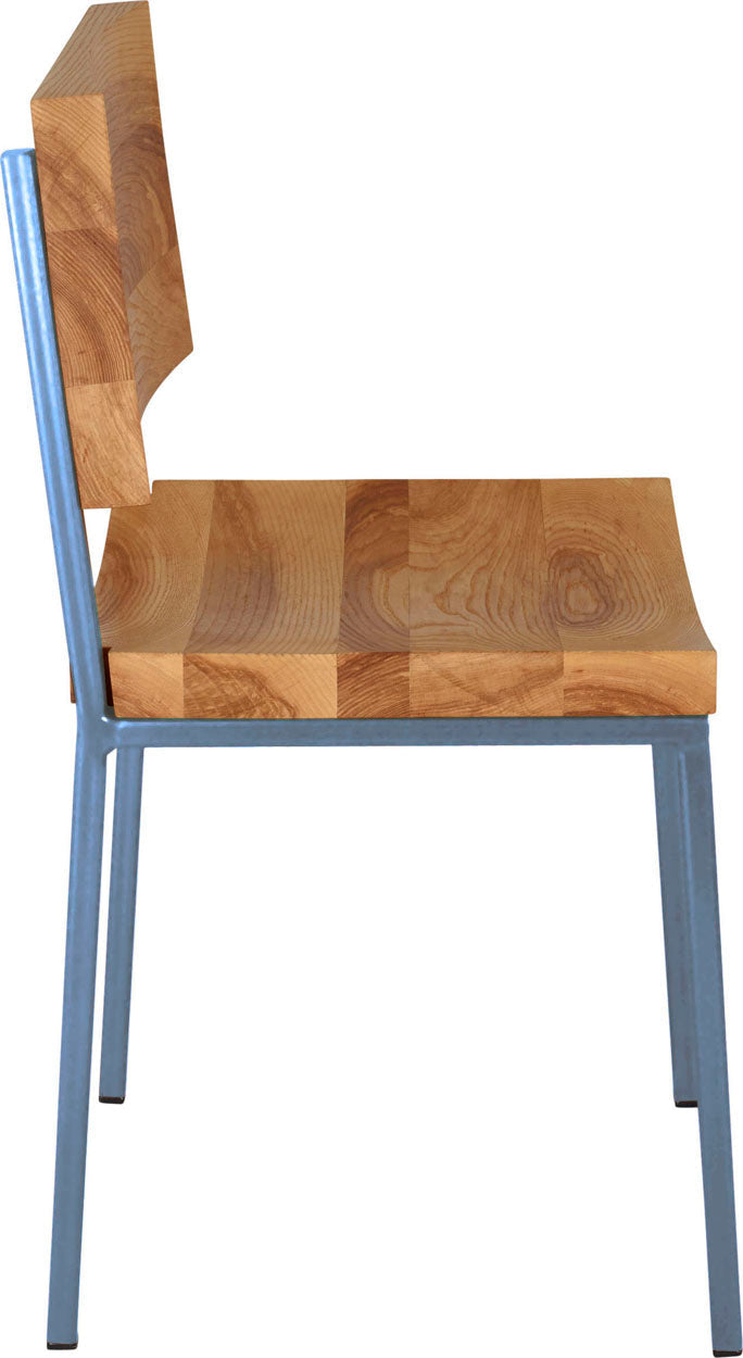 Shaker blue metal chair with natural stain ash wood made in UK - side view square frame