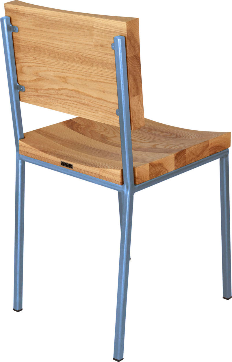 Shaker blue metal chair with natural stain ash wood made in UK - back side view square frame
