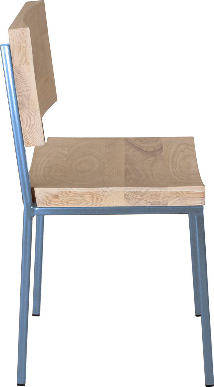 Shaker blue metal chair with whitewash stain ash wood made in UK - side view square frame