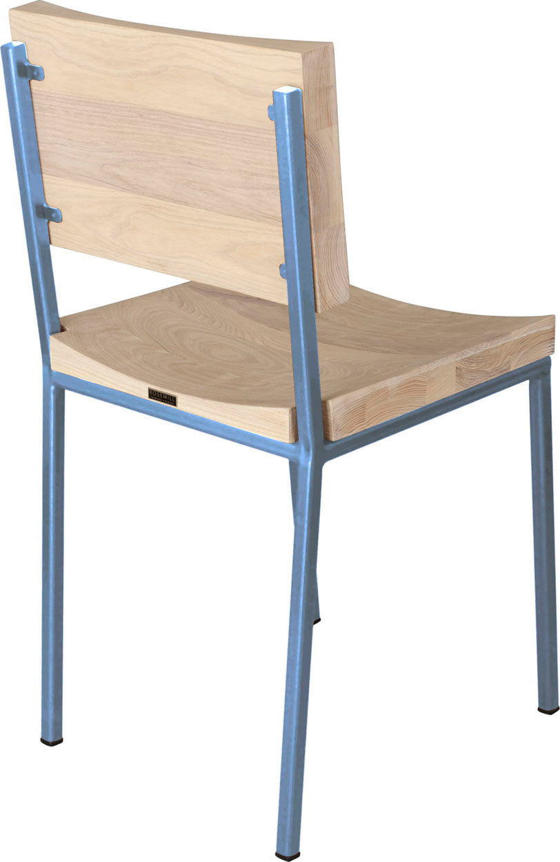 Shaker blue metal chair with whitewash stain ash wood made in UK - back side view square frame