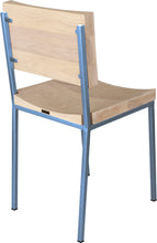 Load image into Gallery viewer, Shaker blue metal chair with whitewash stain ash wood made in UK - back side view square frame
