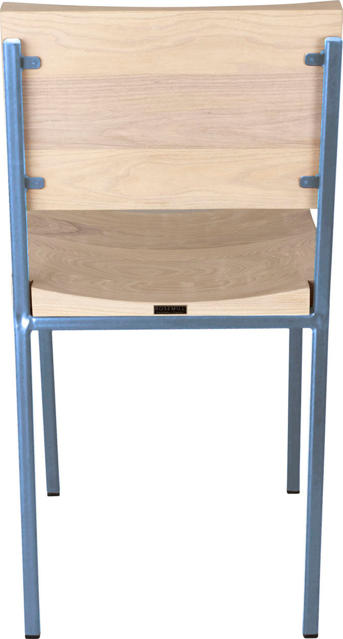 Shaker blue metal chair with whitewash stain ash wood made in UK - back view square frame