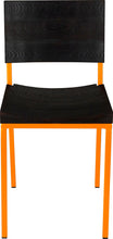 Load image into Gallery viewer, Orange metal chair with black stain ash wood made in UK - front view square frame
