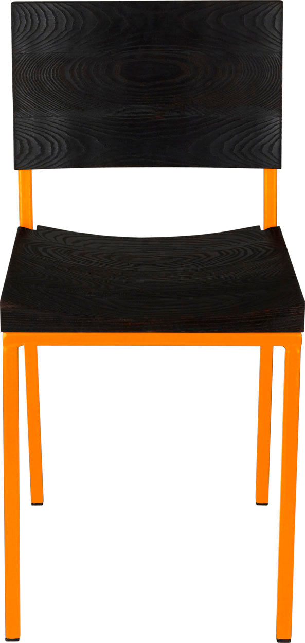 Orange metal chair with black stain ash wood made in UK - front view square frame