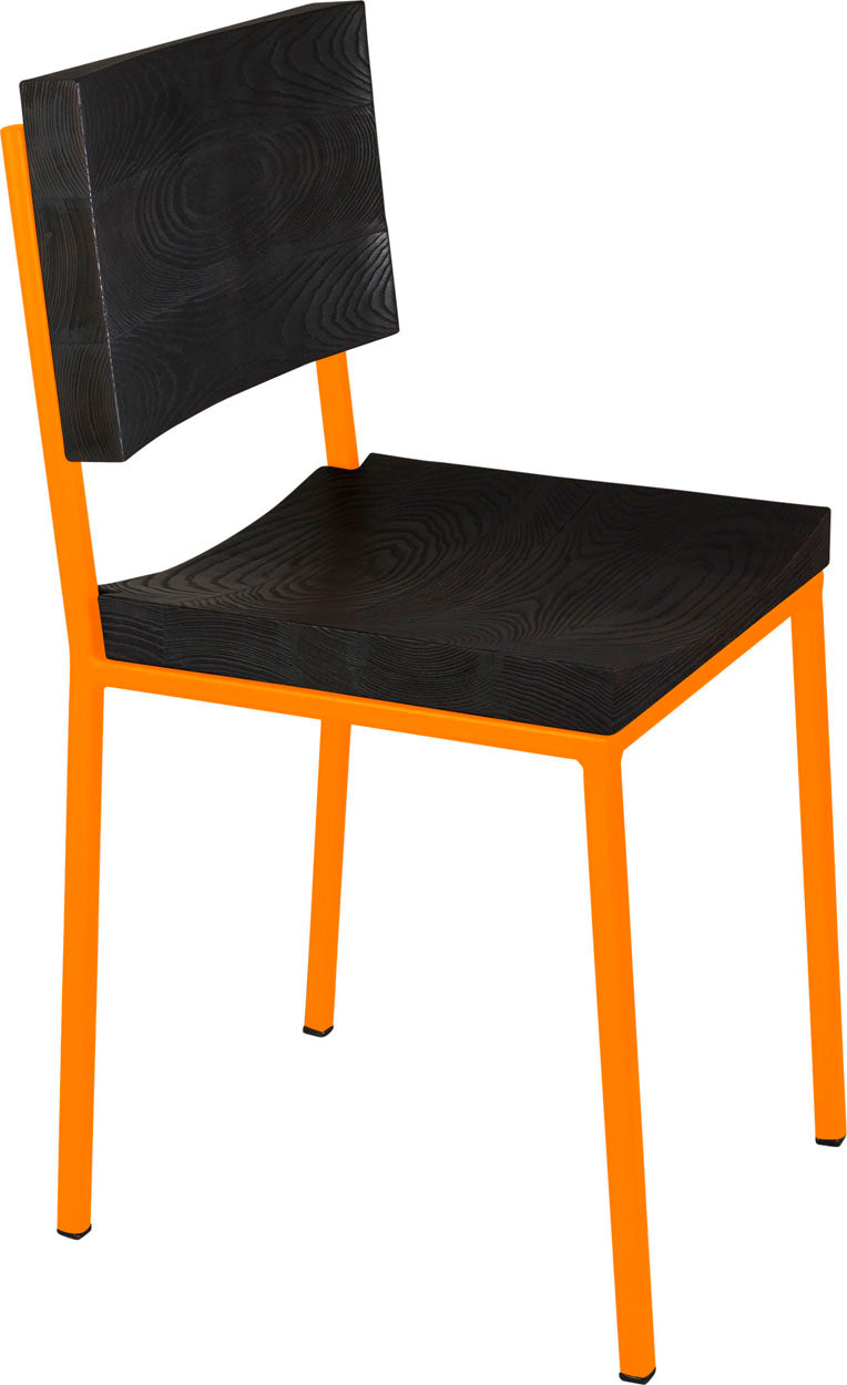 Orange metal chair with black stain ash wood made in UK - angle view square frame
