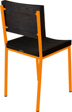 Load image into Gallery viewer, Orange metal chair with black stain ash wood made in UK - back side view square frame

