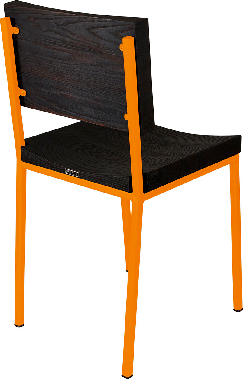 Orange metal chair with black stain ash wood made in UK - back side view square frame