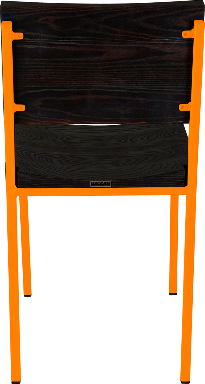 Orange metal chair with black stain ash wood made in UK - back view square frame