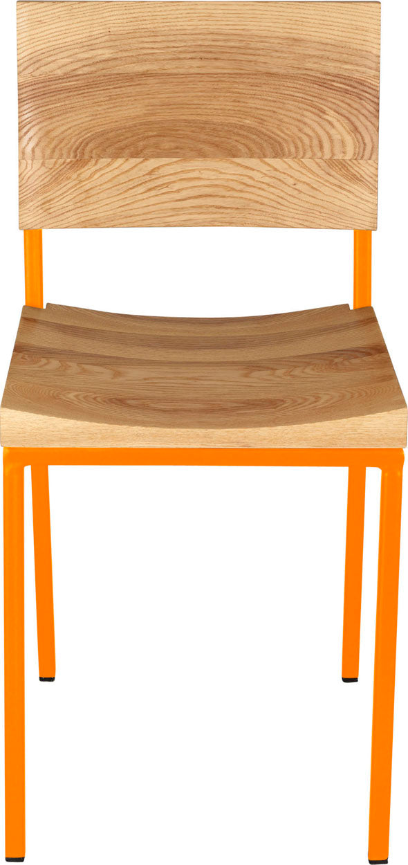 Orange metal chair with natural stain ash wood made in UK - front view square frame