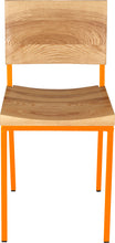 Load image into Gallery viewer, Orange metal chair with natural stain ash wood made in UK - front view square frame
