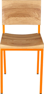Orange metal chair with natural stain ash wood made in UK - front view square frame