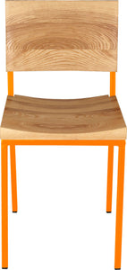 Orange metal chair with natural stain ash wood made in UK - front view square frame