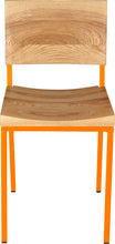 Load image into Gallery viewer, Orange metal chair with natural stain ash wood made in UK - front view square frame
