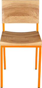 Orange metal chair with natural stain ash wood made in UK - front view square frame