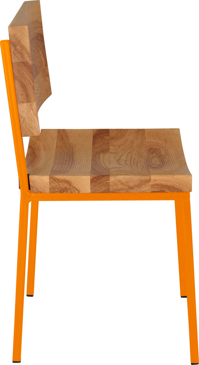 Orange metal chair with natural stain ash wood made in UK - side view square frame