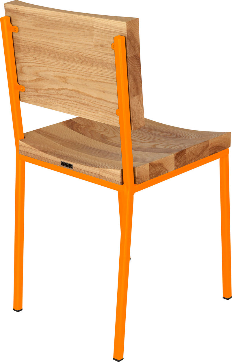 Orange metal chair with natural stain ash wood made in UK - back side view square frame