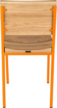 Load image into Gallery viewer, Orange metal chair with natural stain ash wood made in UK - back view square frame
