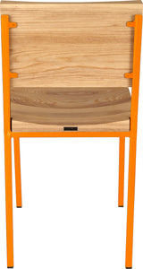 Orange metal chair with natural stain ash wood made in UK - back view square frame