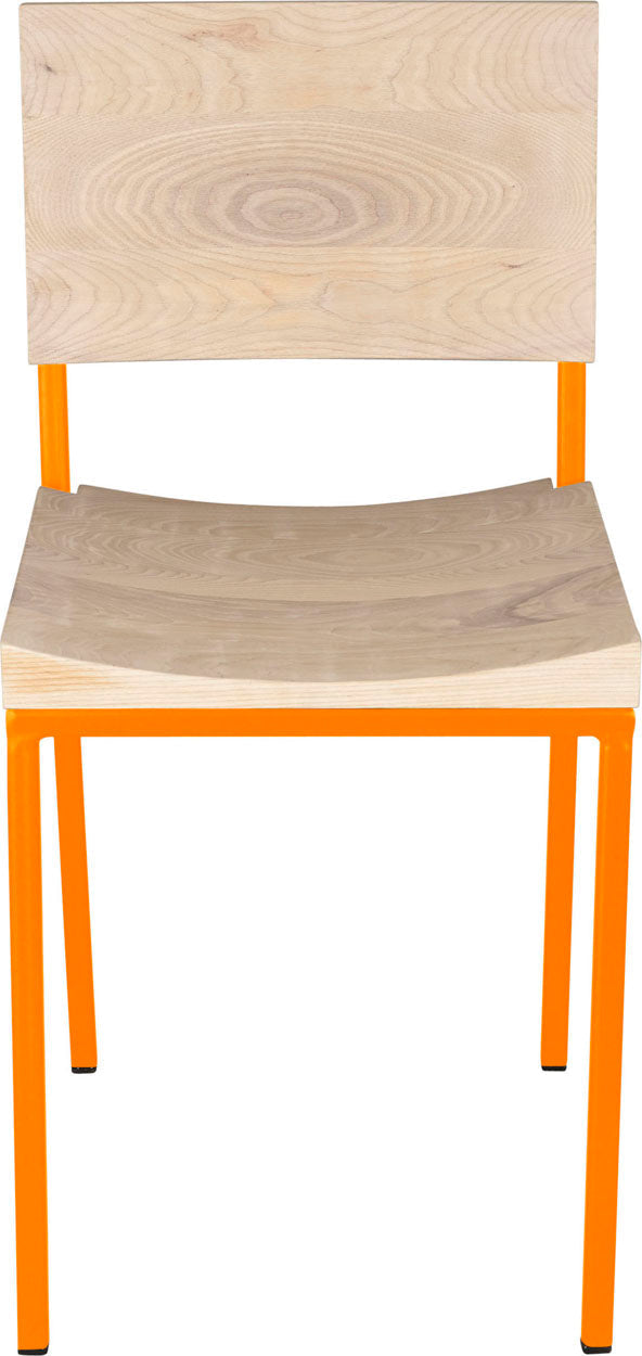 Orange metal chair with whitewash stain ash wood made in UK - front view square frame