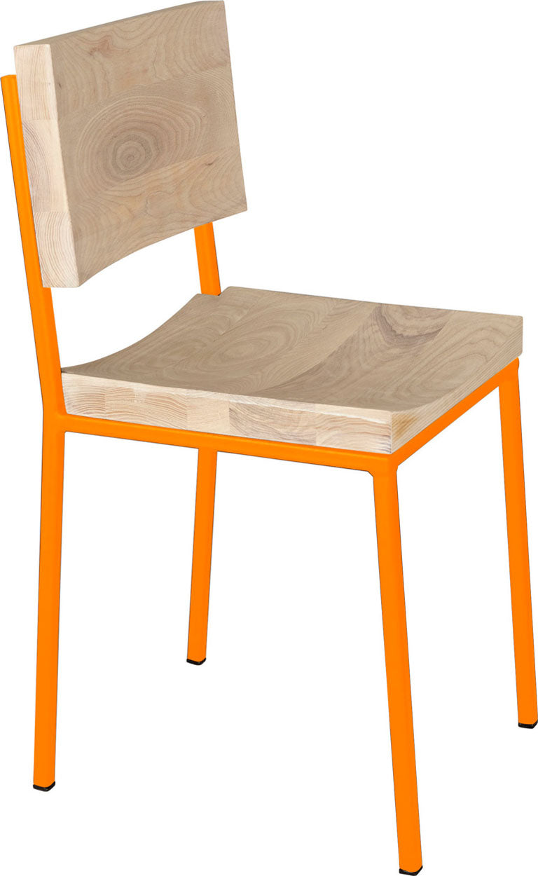 Orange metal chair with whitewash stain ash wood made in UK - angle view square frame