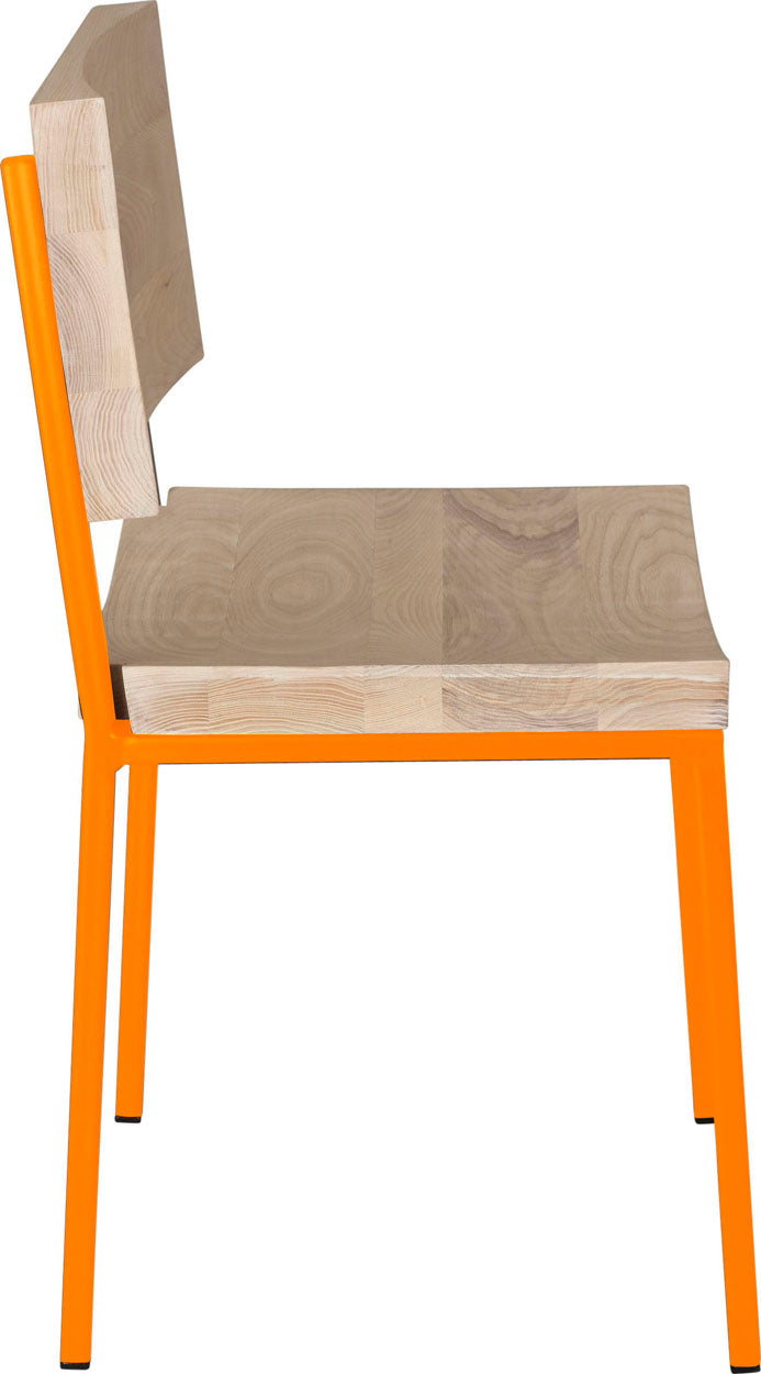 Orange metal chair with whitewash stain ash wood made in UK - side view square frame