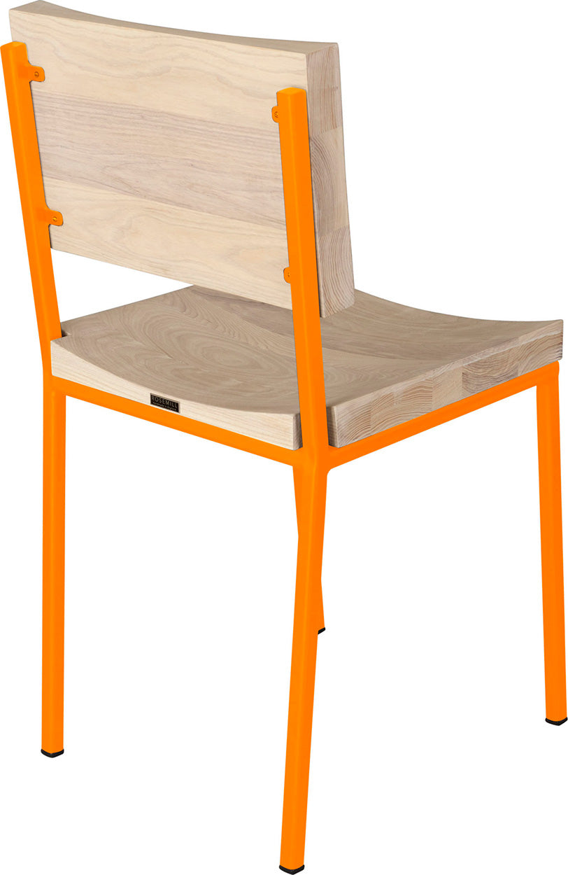 Orange metal chair with whitewash stain ash wood made in UK - back side view square frame