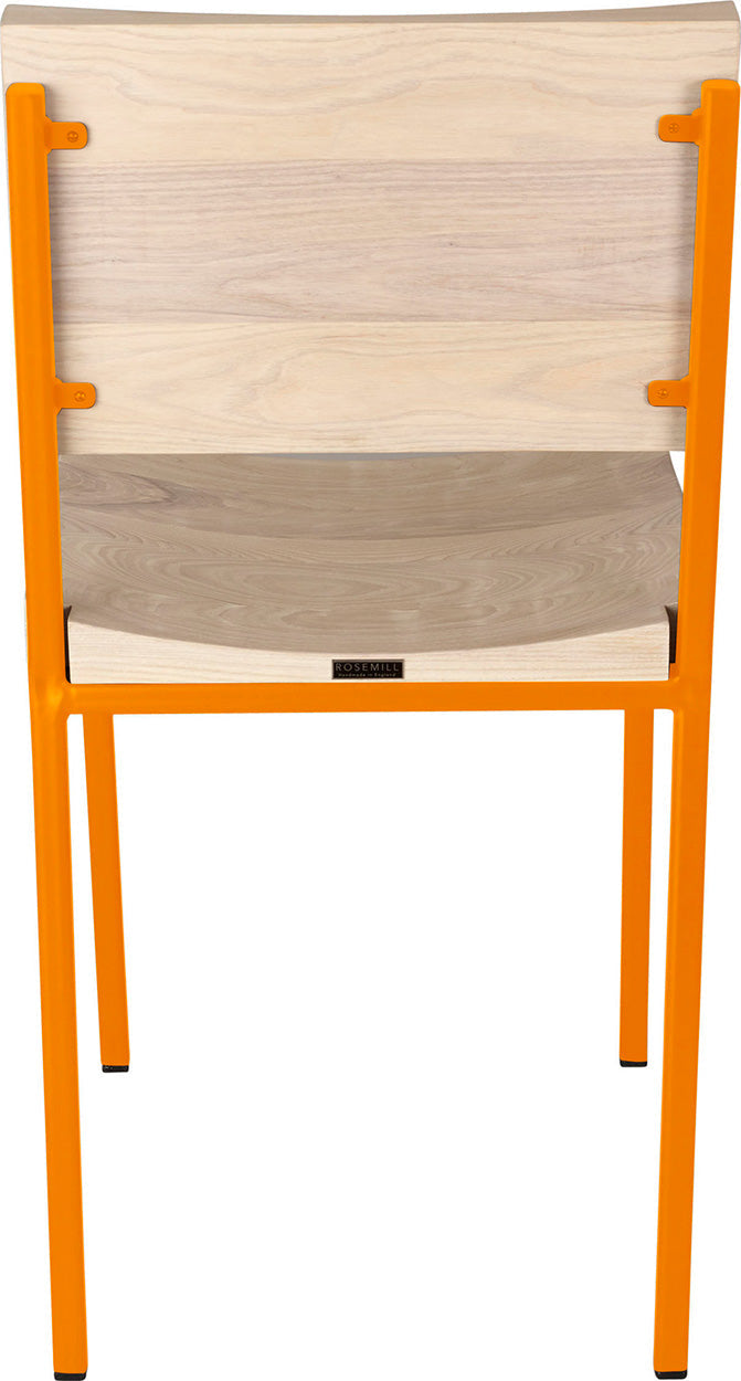 Orange metal chair with whitewash stain ash wood made in UK - back view square frame