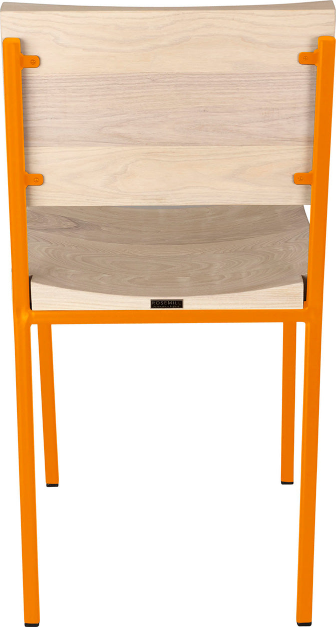 Orange metal chair with whitewash stain ash wood made in UK - back view square frame