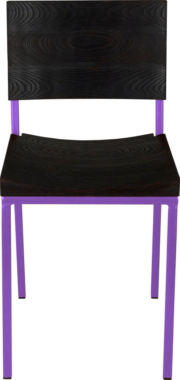 Purple metal chair with black stain ash wood made in UK - front view square frame