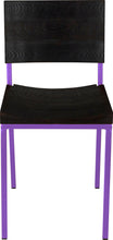 Load image into Gallery viewer, Purple metal chair with black stain ash wood made in UK - front view square frame
