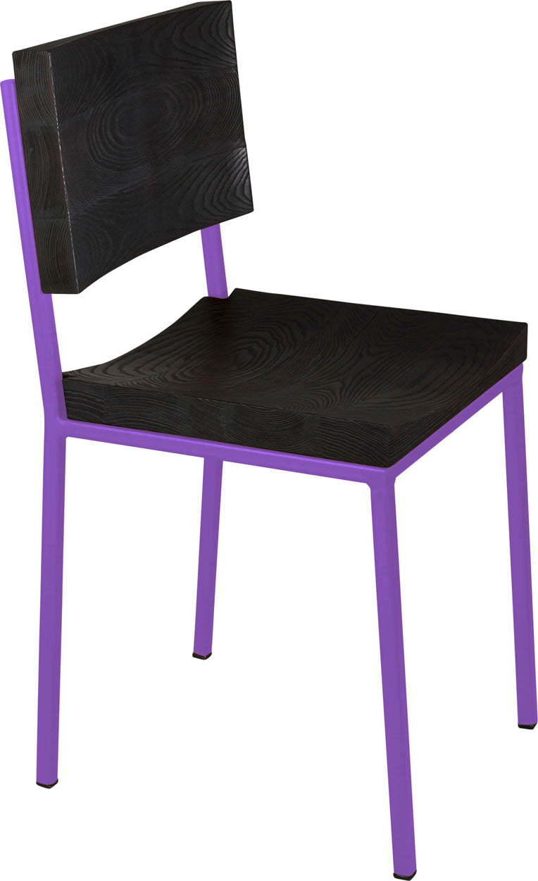 Purple metal chair with black stain ash wood made in UK - angle view square frame