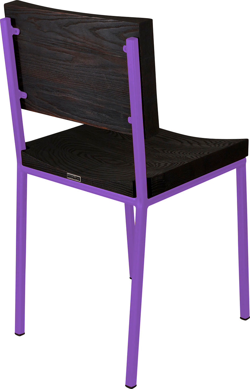 Purple metal chair with black stain ash wood made in UK - back side view square frame