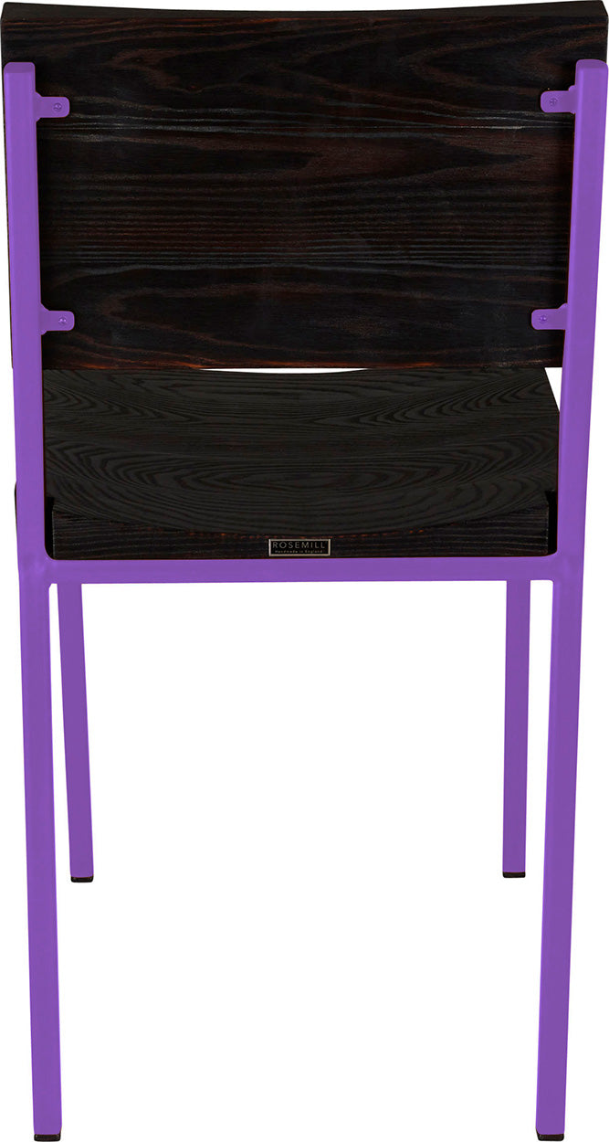 Purple metal chair with black stain ash wood made in UK - back view square frame