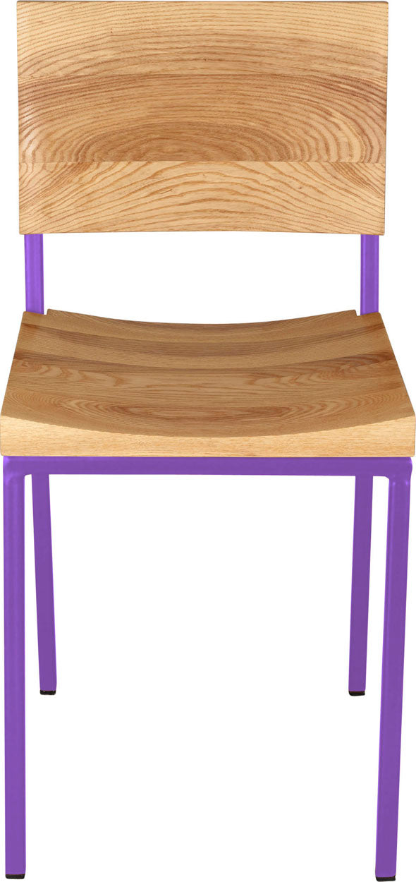 Purple metal chair with natural stain ash wood made in UK - front view square frame