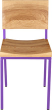 Load image into Gallery viewer, Purple metal chair with natural stain ash wood made in UK - front view square frame
