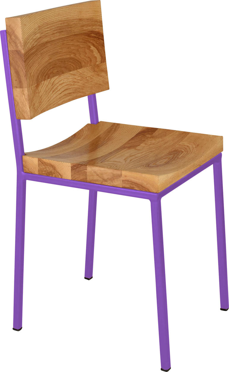 Purple metal chair with natural stain ash wood made in UK - angle view square frame