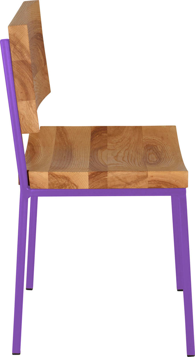 Purple metal chair with natural stain ash wood made in UK - side view square frame