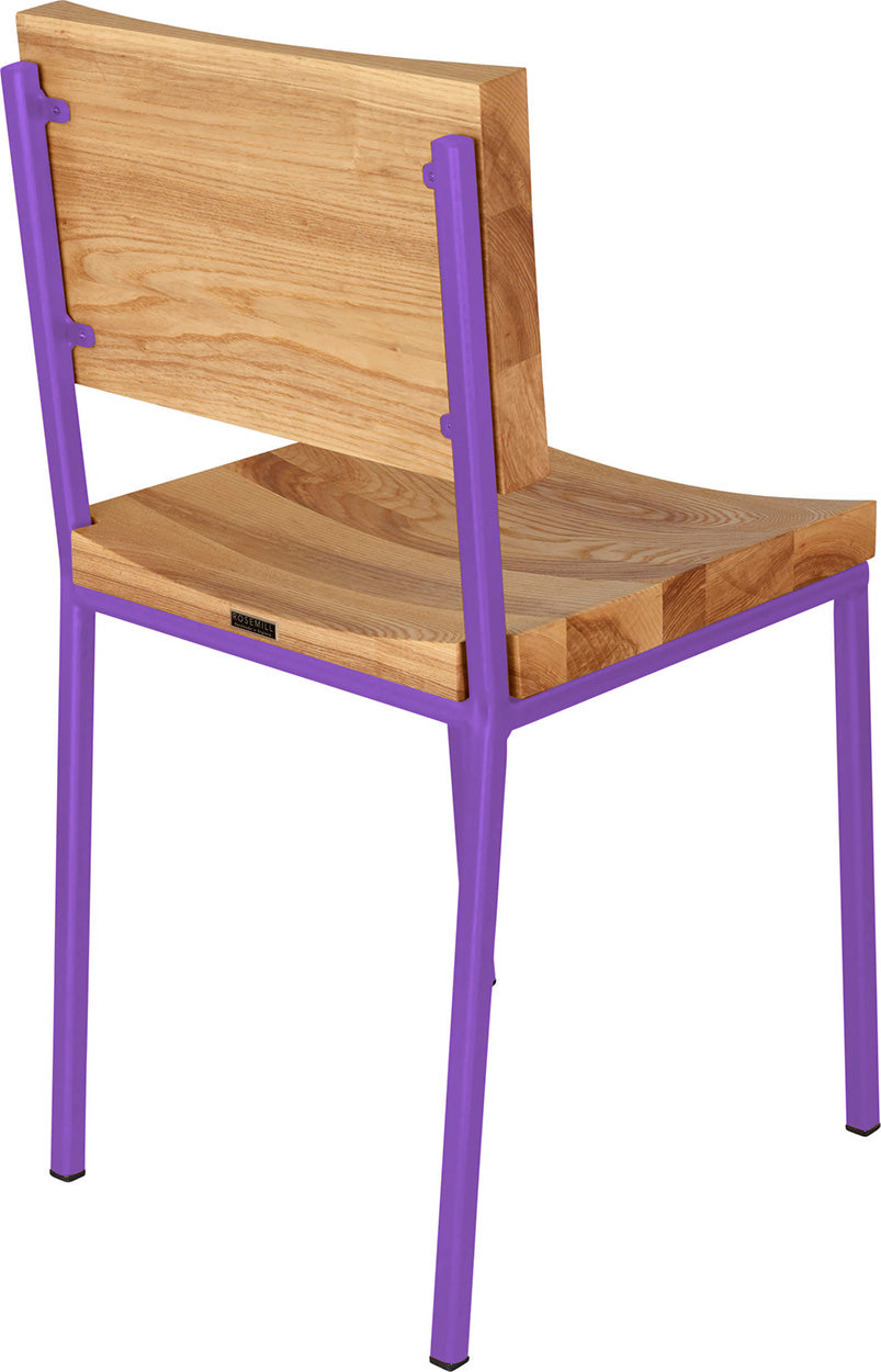 Purple metal chair with natural stain ash wood made in UK - back side view square frame