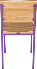 Load image into Gallery viewer, Purple metal chair with natural stain ash wood made in UK - back view square frame
