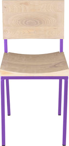 Purple metal chair with whitewash stain ash wood made in UK - front view square frame