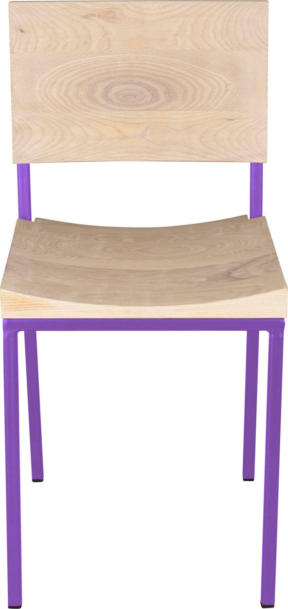 Purple metal chair with whitewash stain ash wood made in UK - front view square frame